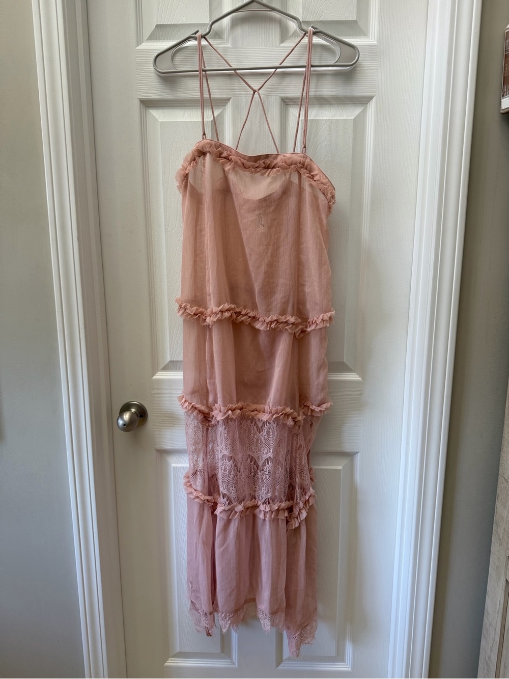 Intimately Free People Dusty Pink Lace Ruffle Tiered Maxi Slip Dress Size Small - Picture 2 of 7